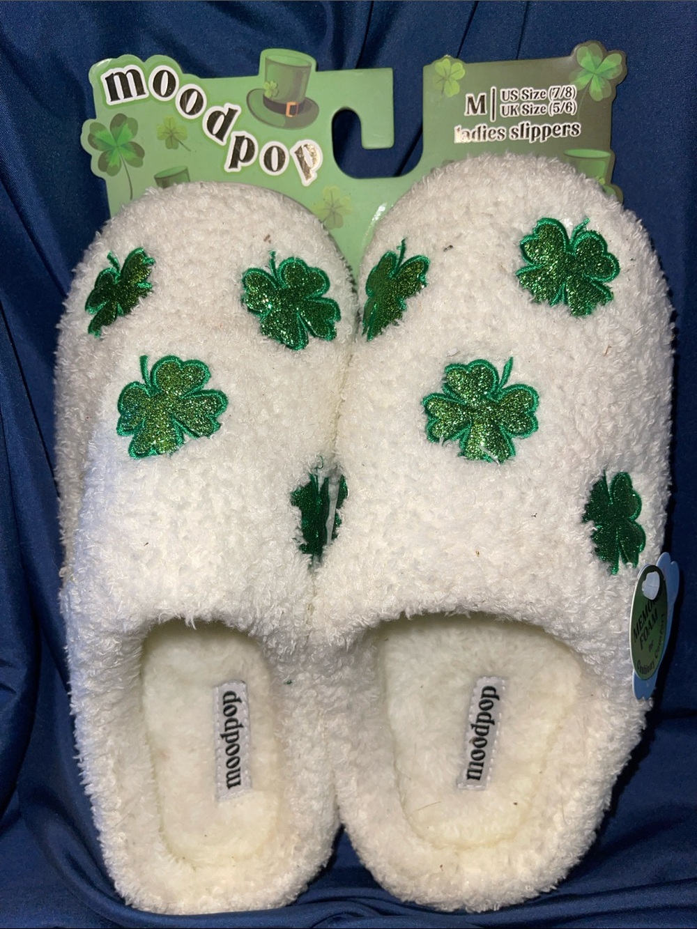 Moodpop Women's White Sherpa Slippers with Green Shamrock Embroidery